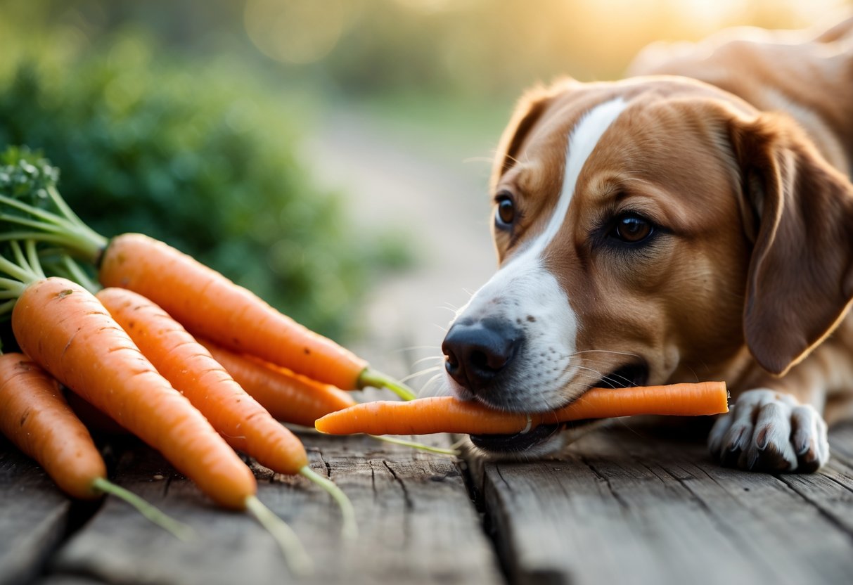 A dog nibbling on a carrot stick held by a person, with fresh carrots on a wooden surface nearby.