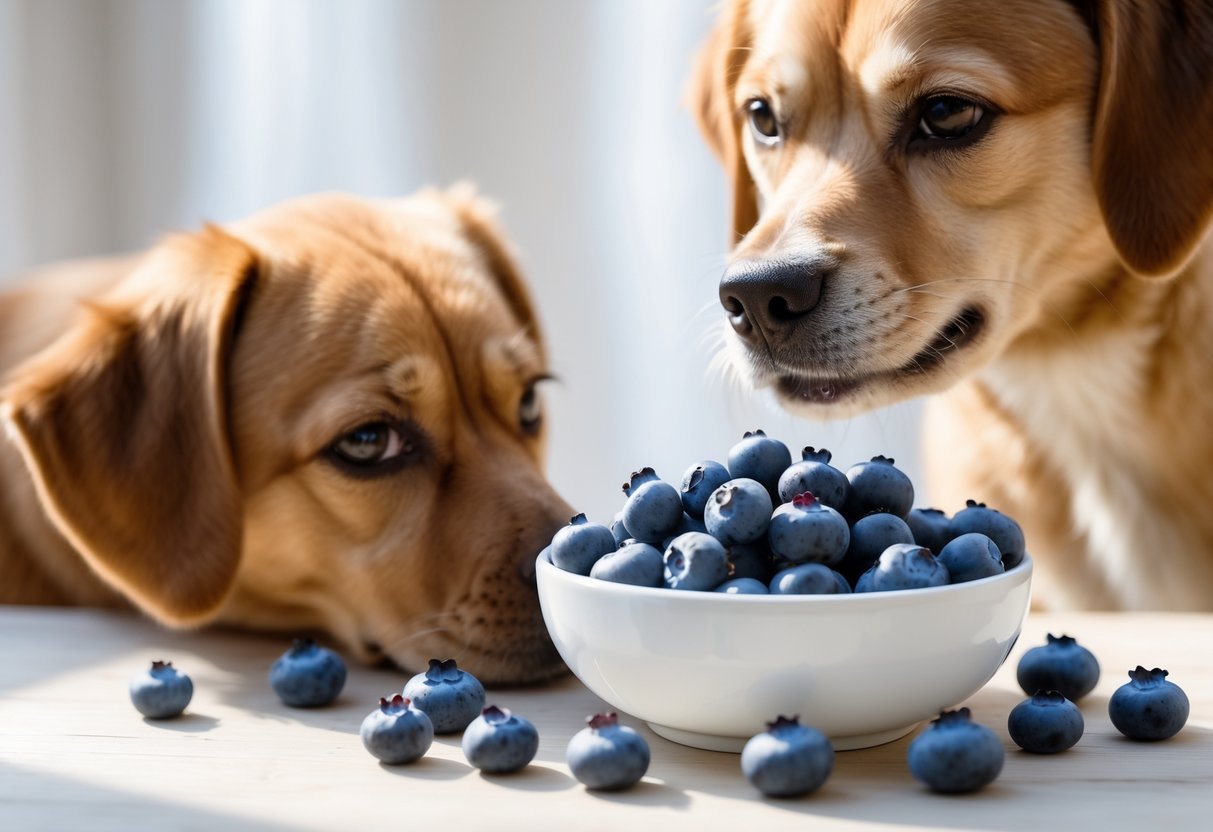 A small bowl of fresh blueberries on a wooden surface with a dog looking at the berries nearby.