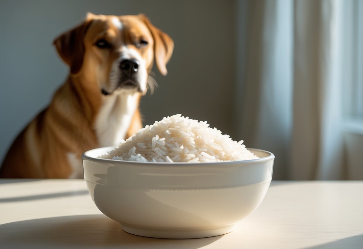 A bowl of plain cooked white rice on a wooden table with a dog sitting in the background.