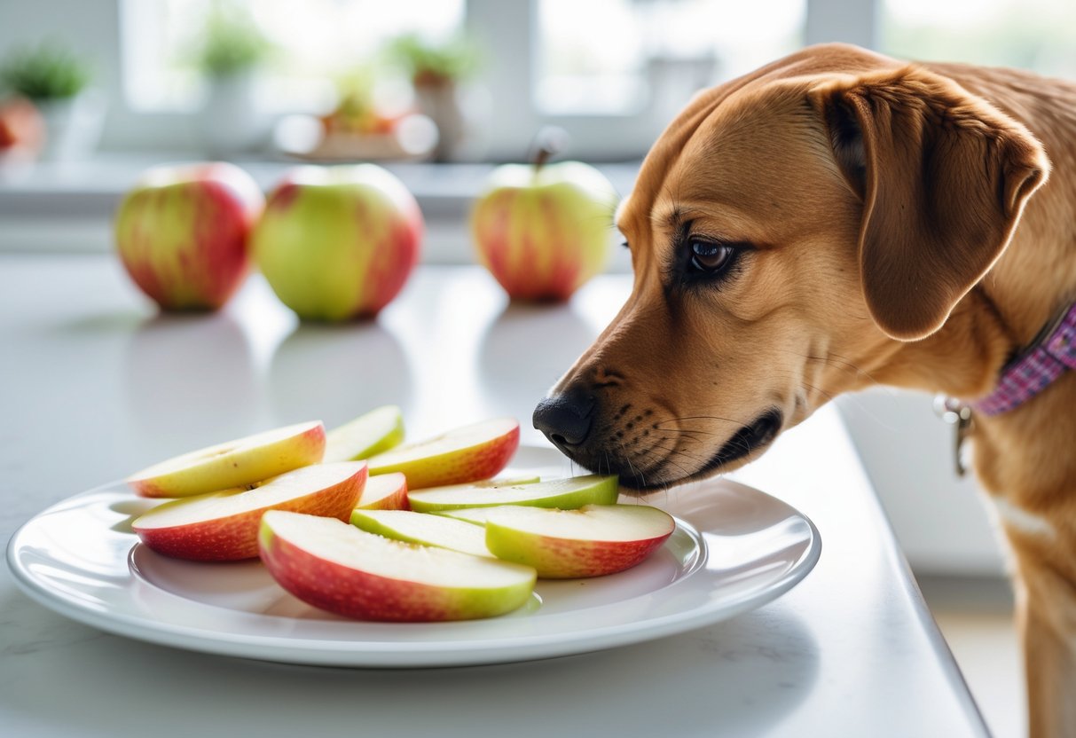 A dog looking at a plate of apple slices without seeds on a white plate.