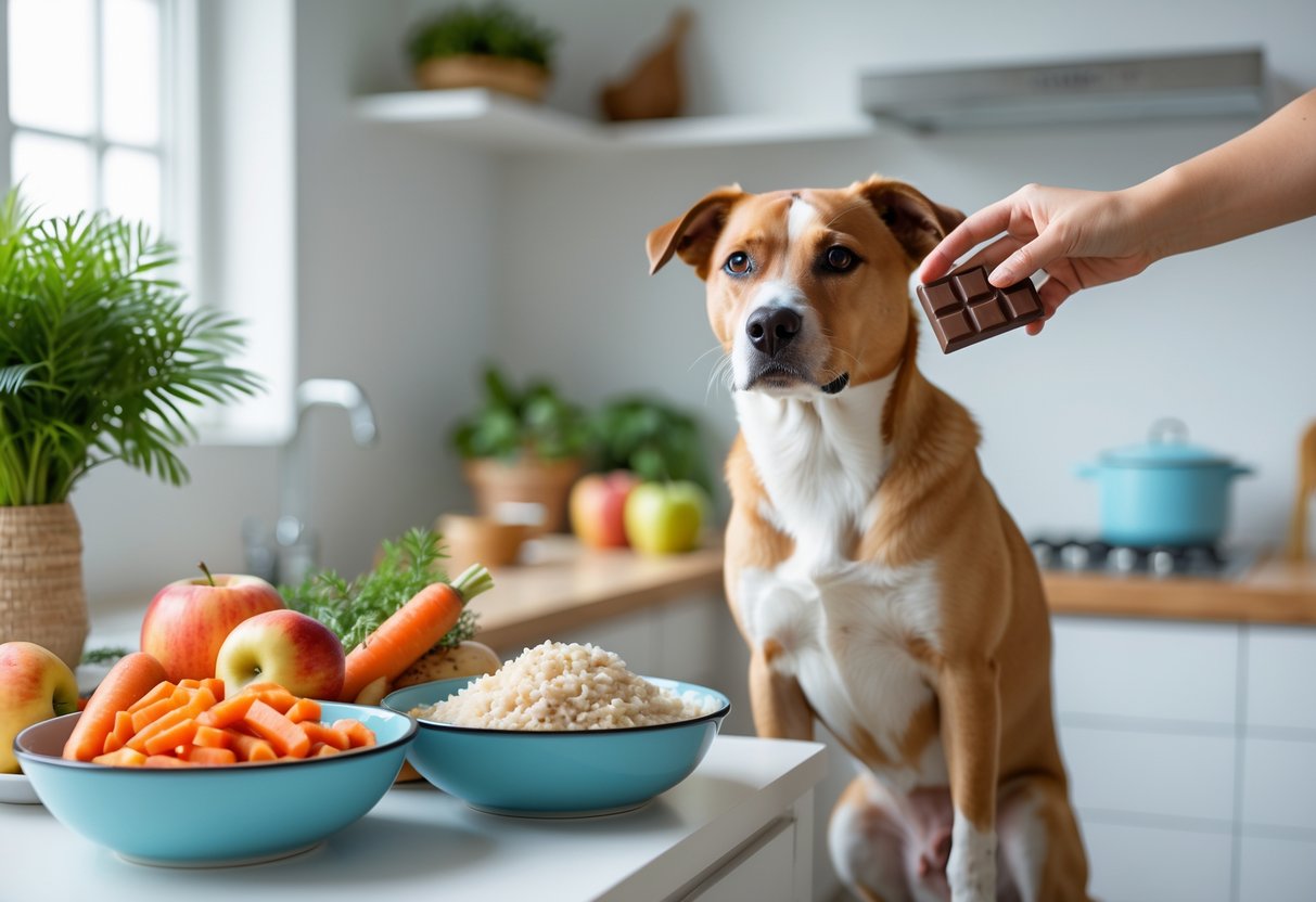 A dog sitting next to a bowl of dog-friendly foods while a hand holds chocolate away from the dog in a kitchen.