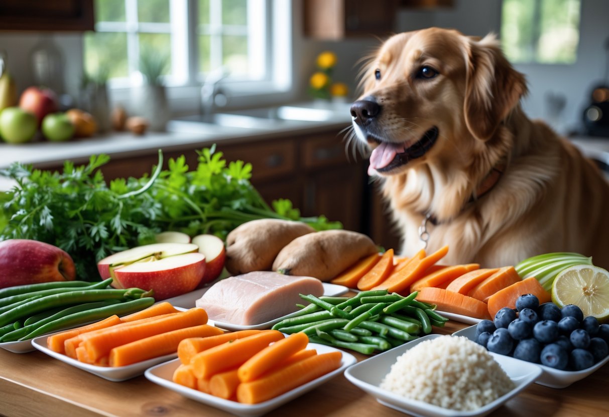 A happy dog looking at a table with dog-friendly foods including carrots, green beans, apple slices, blueberries, cooked chicken, and rice.
