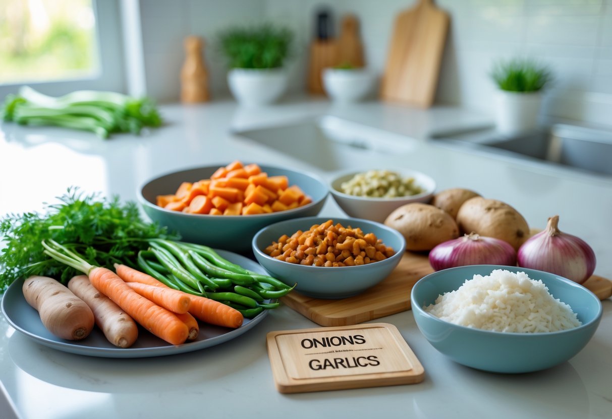 A kitchen countertop displaying dog-safe foods such as carrots, green beans, sweet potatoes, cooked chicken, and rice, with onions and garlic separated to show they are off-limits.