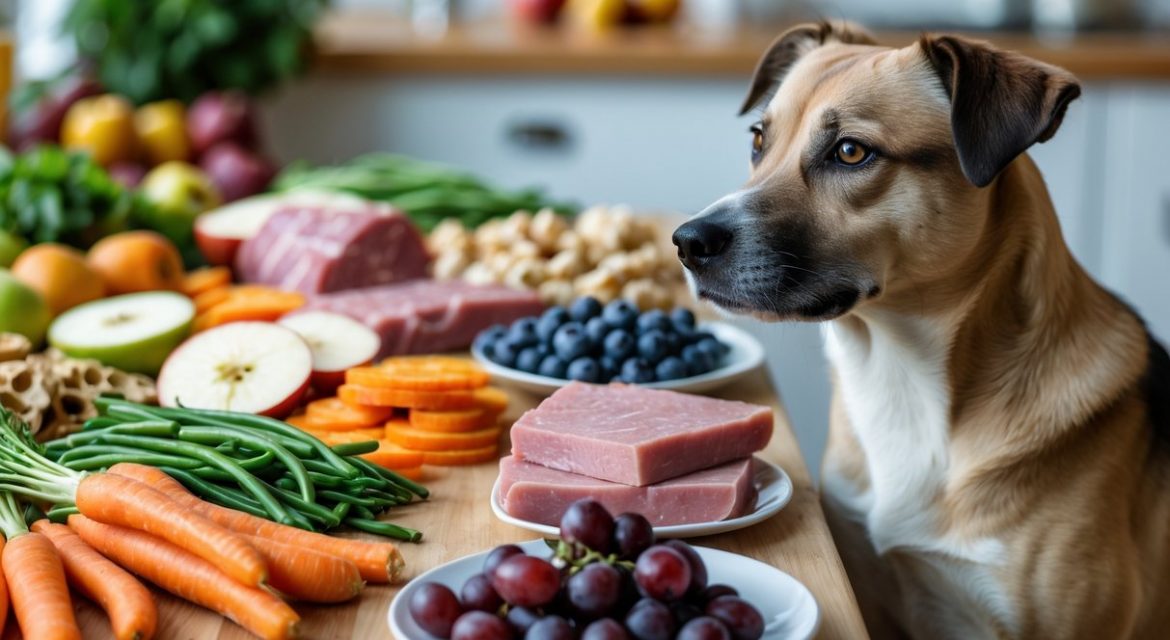 A medium-sized dog sitting next to a table displaying safe foods for dogs like vegetables, fruits, and boneless meats, with unsafe foods like chocolate and cooked bones on a separate plate.