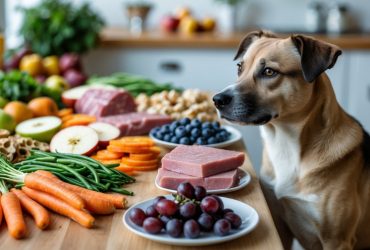 A medium-sized dog sitting next to a table displaying safe foods for dogs like vegetables, fruits, and boneless meats, with unsafe foods like chocolate and cooked bones on a separate plate.