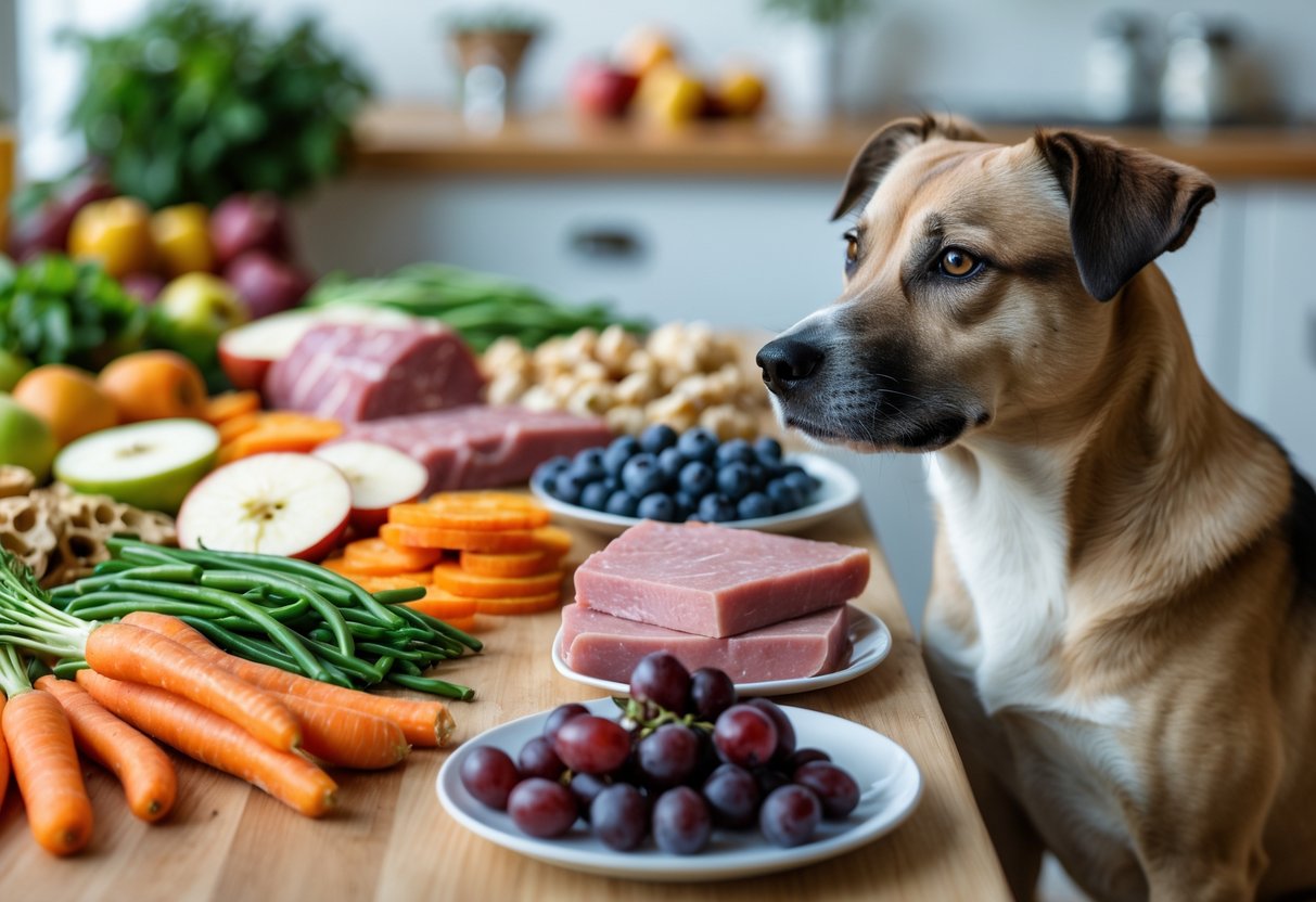 A medium-sized dog sitting next to a table displaying safe foods for dogs like vegetables, fruits, and boneless meats, with unsafe foods like chocolate and cooked bones on a separate plate.