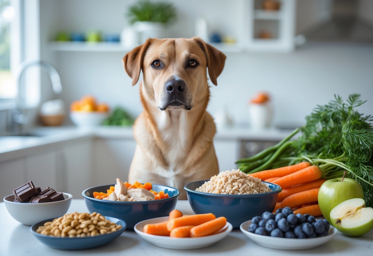 A healthy dog sitting in a kitchen with bowls of dog-safe foods and some harmful foods placed nearby on the counter.