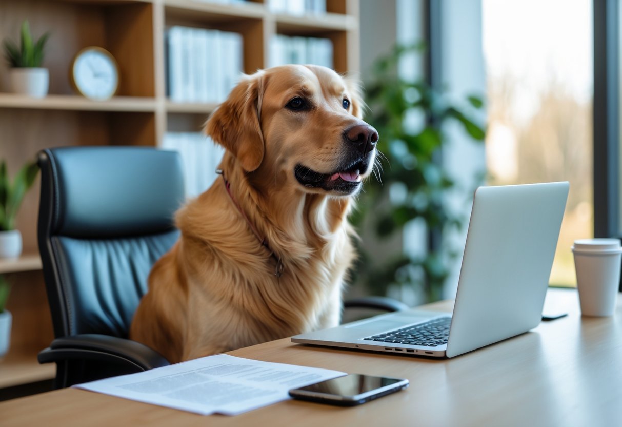 A golden retriever sitting near a desk with a laptop and papers in a bright office room.