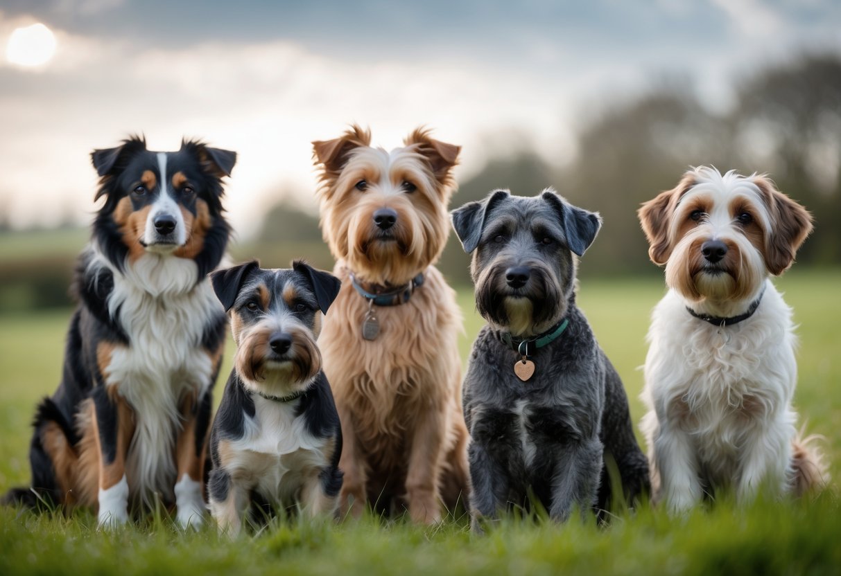 Several native British dog breeds including a Border Collie, Bedlington Terrier, Norfolk Terrier, and Clumber Spaniel outdoors in a grassy countryside setting.