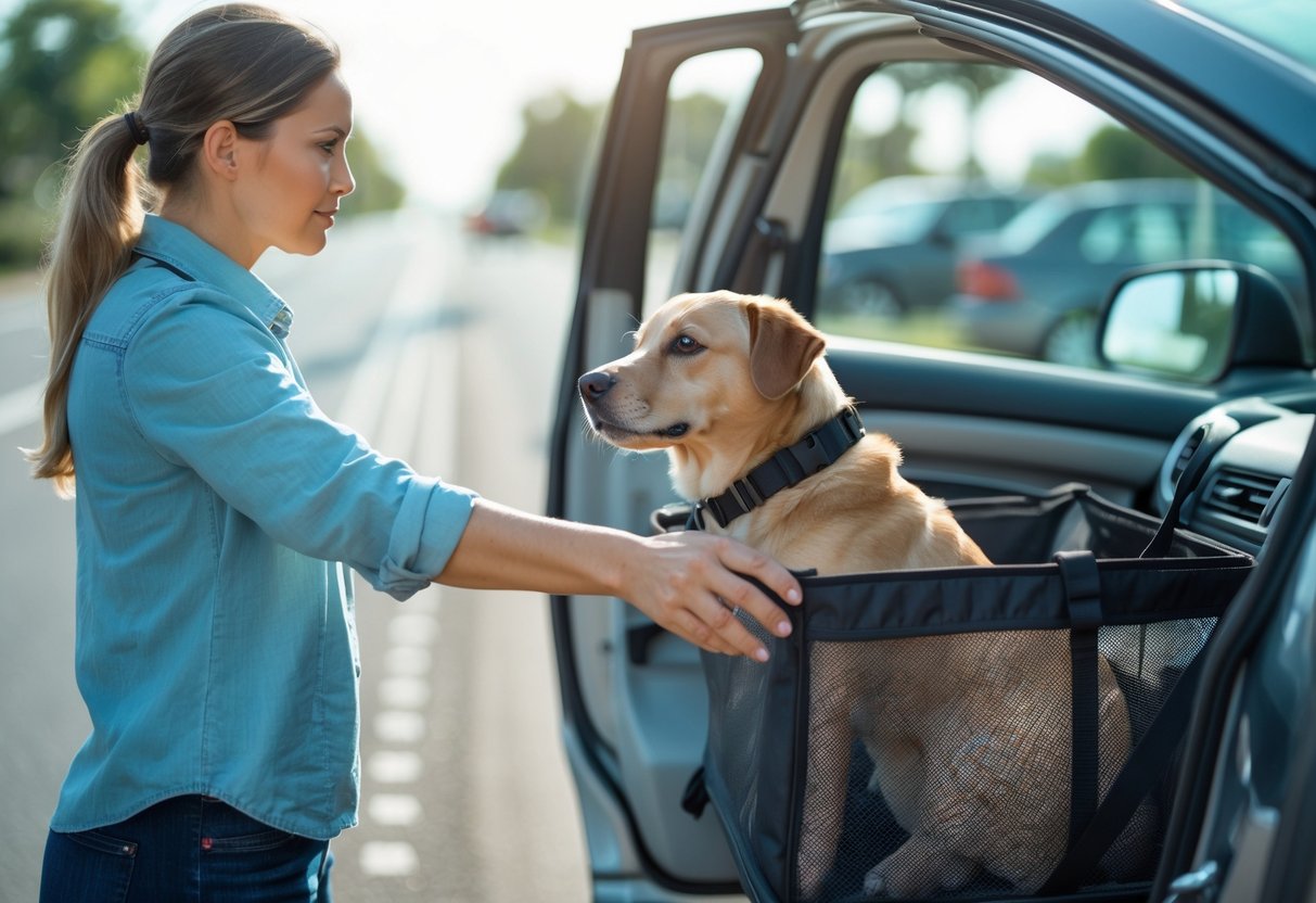 A dog owner standing next to a car with their dog safely secured inside, preparing for a journey.