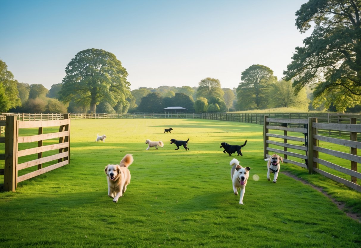 A large fenced grassy paddock with several dogs running and playing, surrounded by trees and greenery.