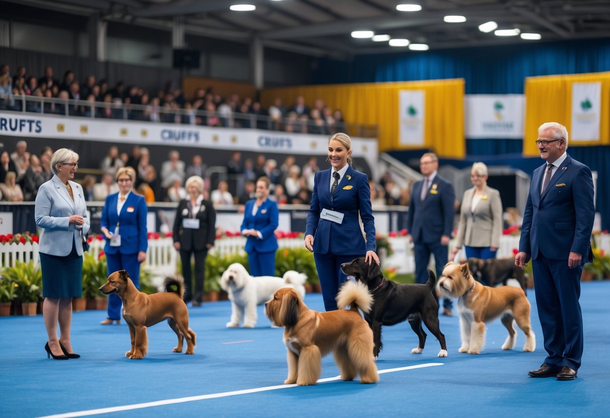 A busy indoor dog show with handlers presenting various dog breeds to judges and spectators.