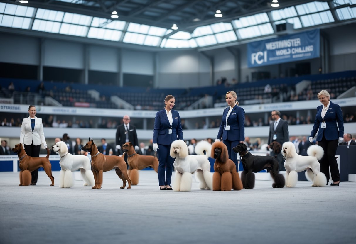 A large indoor dog show arena with handlers presenting various dog breeds to judges and spectators watching the event.