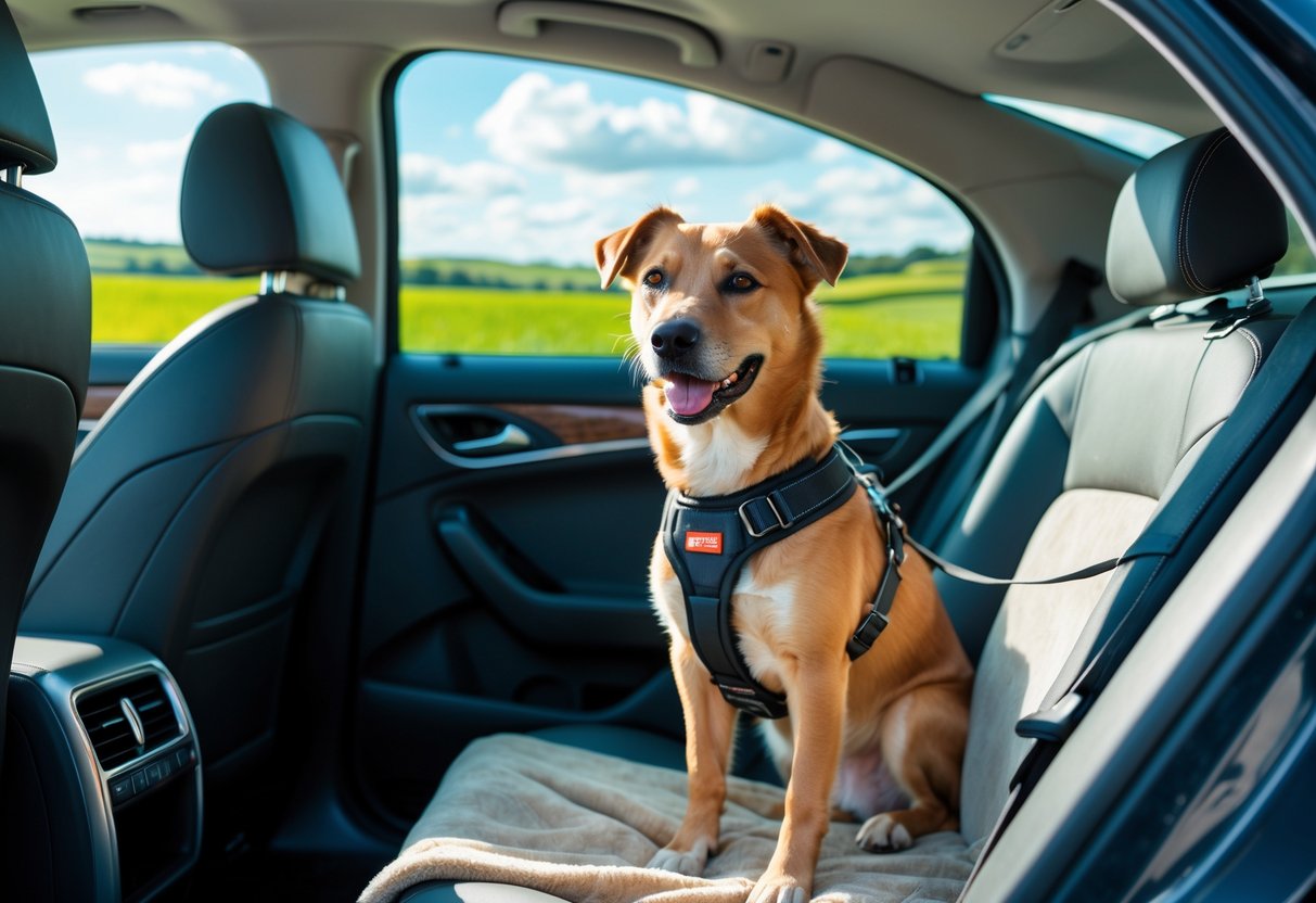 A dog wearing a harness safely secured in the back seat of a car with a countryside view outside the window.