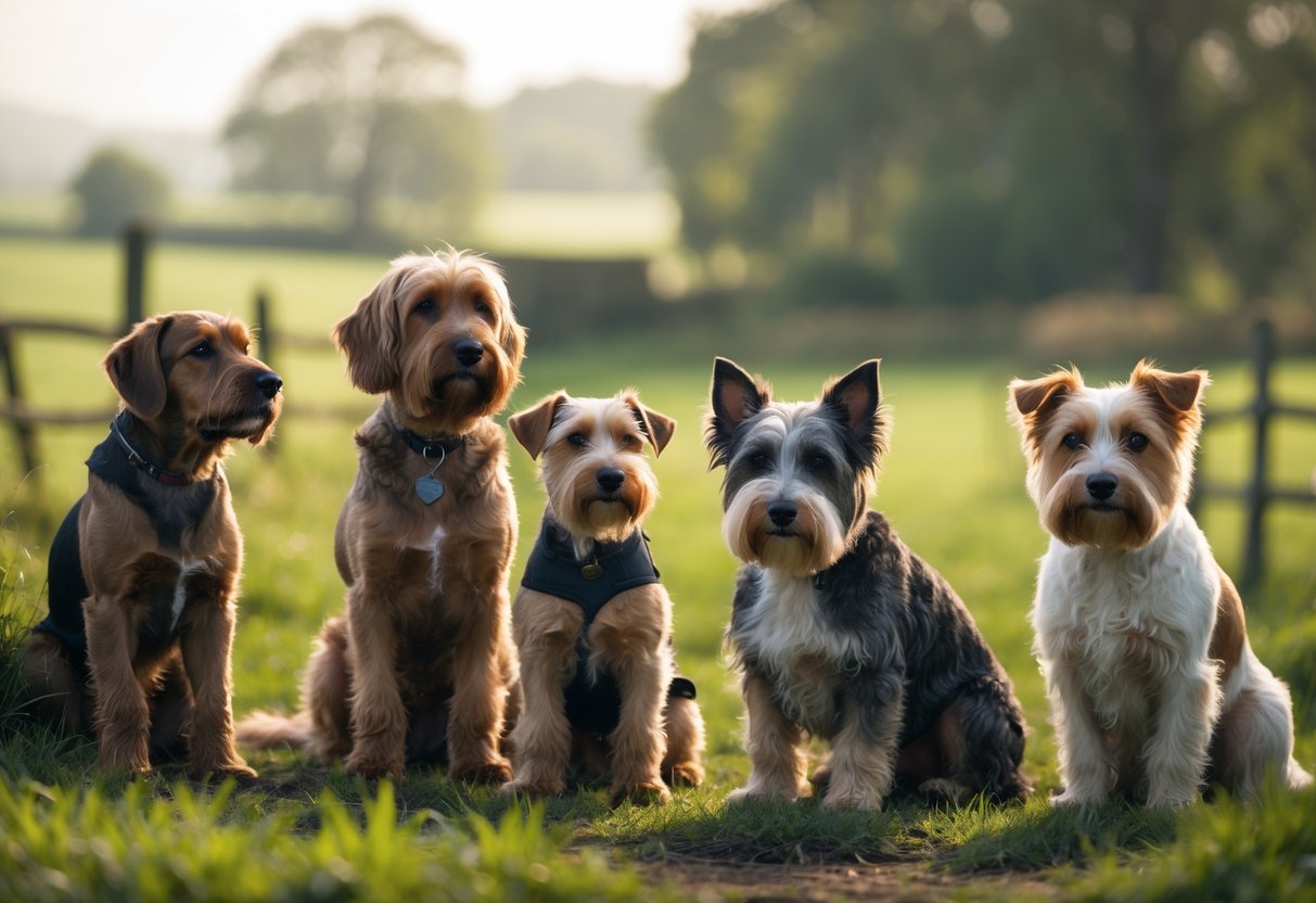 Several rare British dog breeds sitting and standing together outdoors in a green countryside setting.