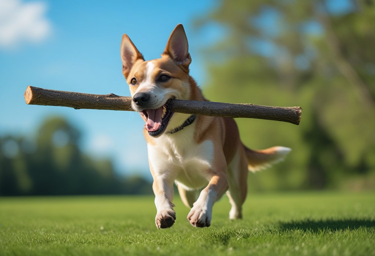 A happy dog running outdoors carrying a large stick in its mouth on a grassy field with trees in the background.