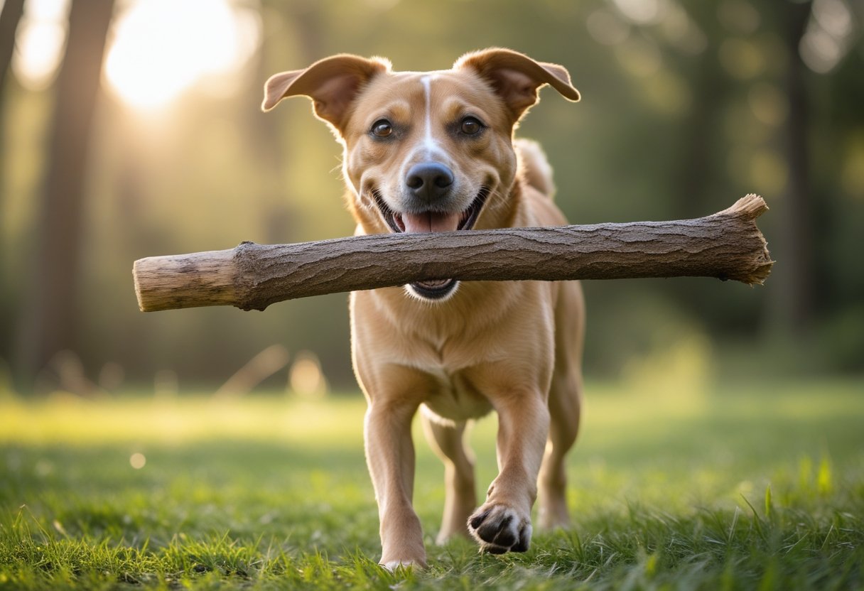 A medium-sized dog standing on grass outdoors, holding a large stick in its mouth with trees in the background.