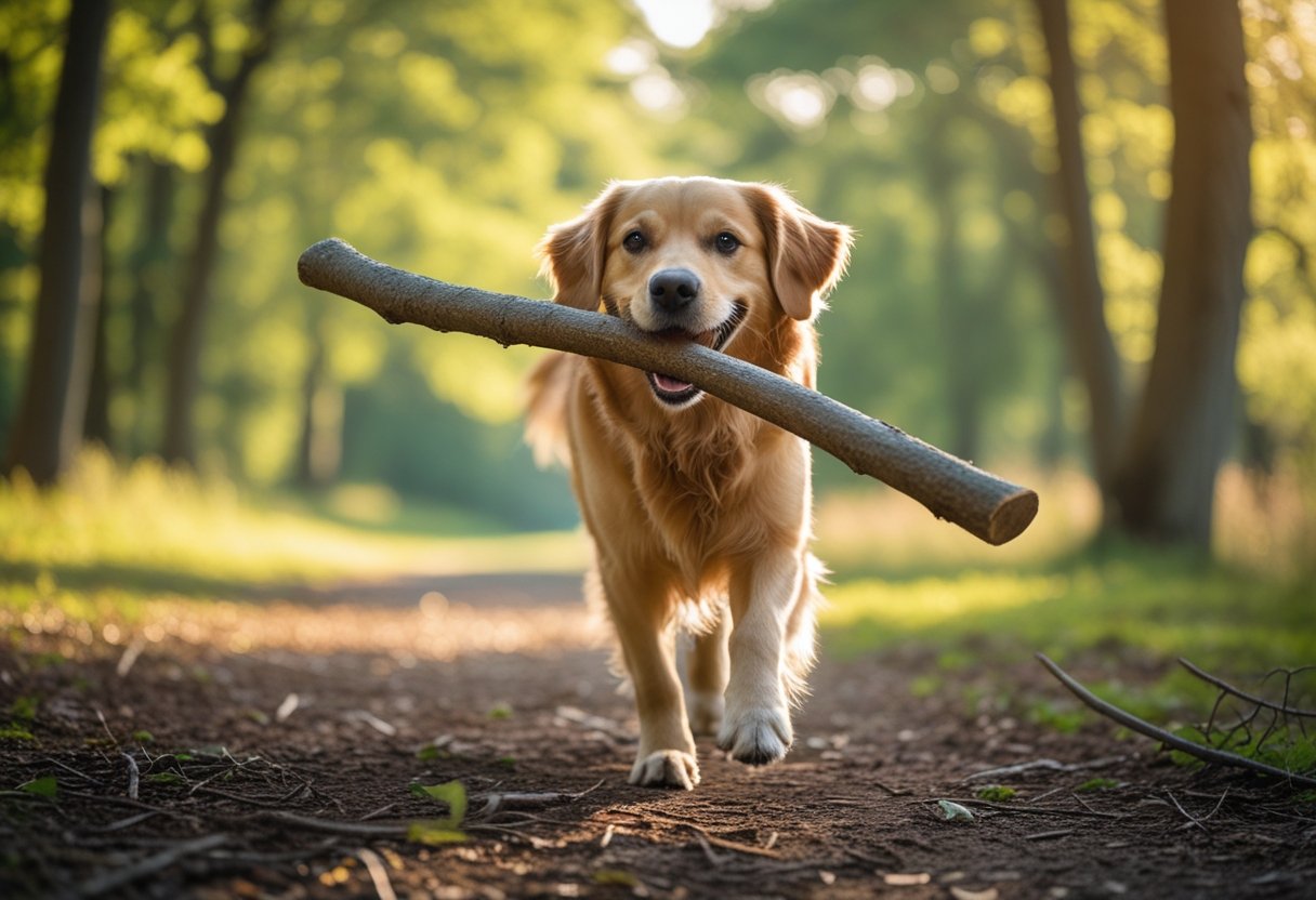 A golden retriever dog carrying a large stick in its mouth while walking in a sunlit forest clearing.