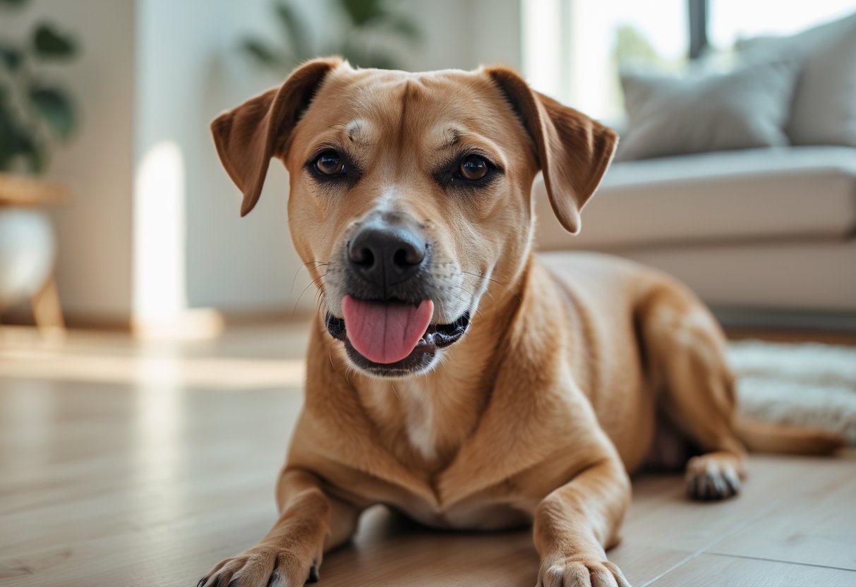 A medium-sized dog sitting indoors, licking its lips with a calm expression.