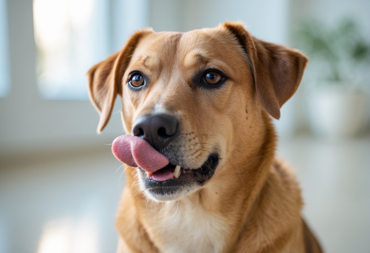A medium-sized dog licking its lips while sitting calmly indoors.