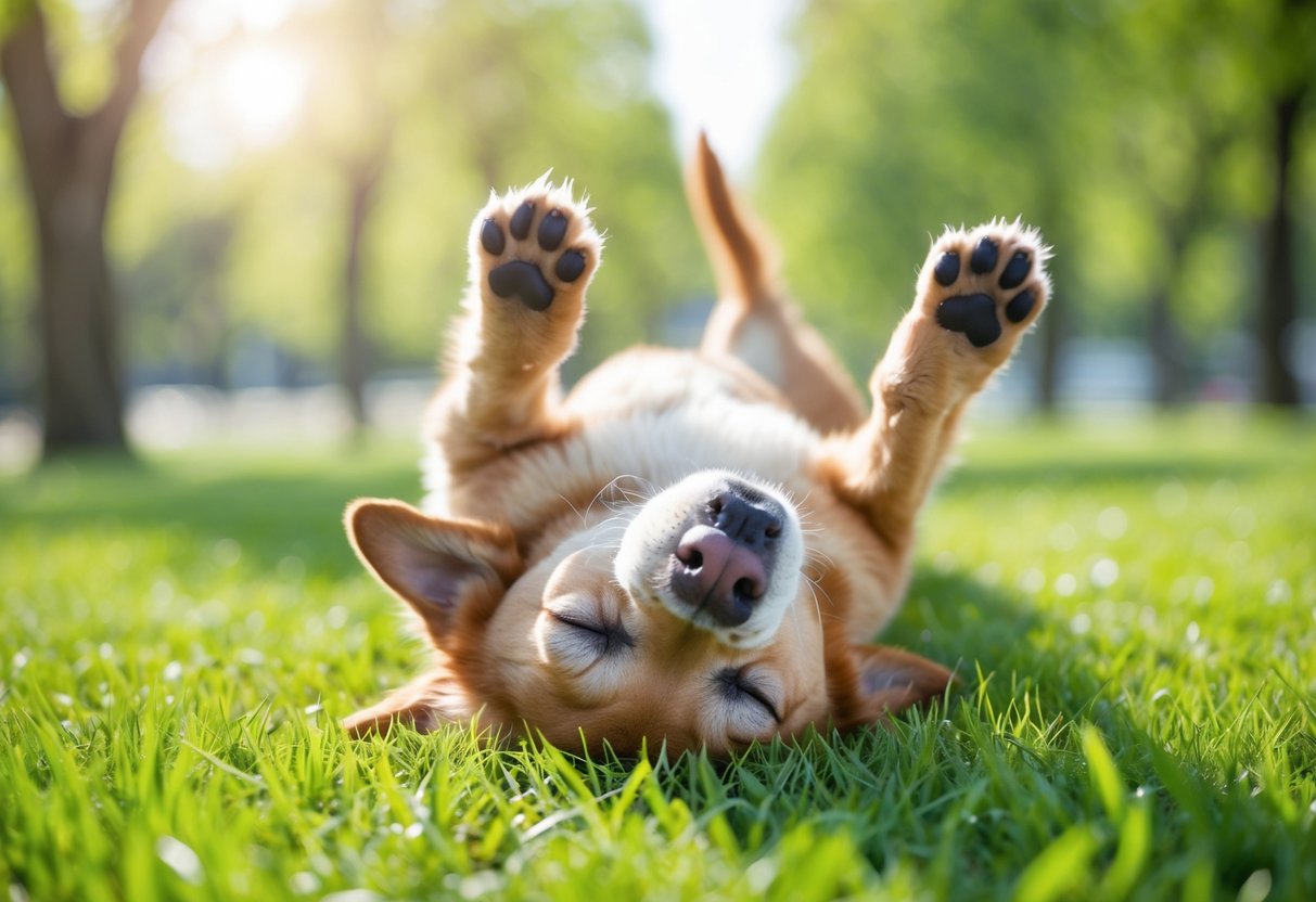 A dog lying on its back on grass in a park with trees in the background.
