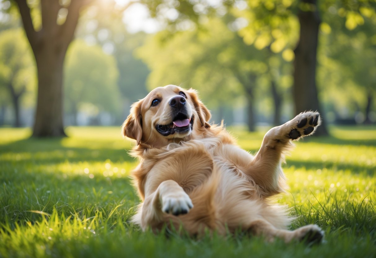A golden retriever dog lying on its back on green grass in a park, looking happy and relaxed.