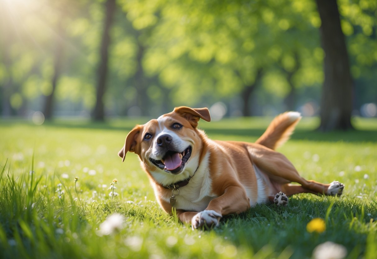 A medium-sized dog lying on its back on green grass in a park, looking playful and relaxed.