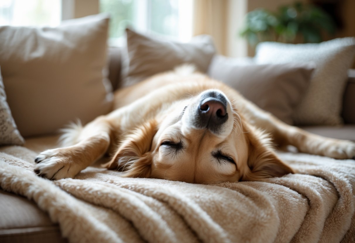 A golden retriever lying on its back with its belly exposed, looking relaxed on a soft blanket in a living room.
