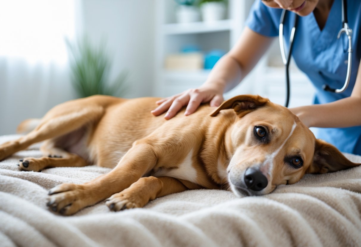 A dog lying on its side with a person gently touching its belly in a bright indoor setting.