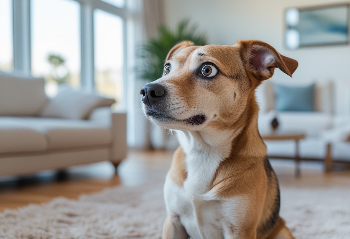A medium-sized dog tilting its head with a curious expression while sitting on a rug in a living room.