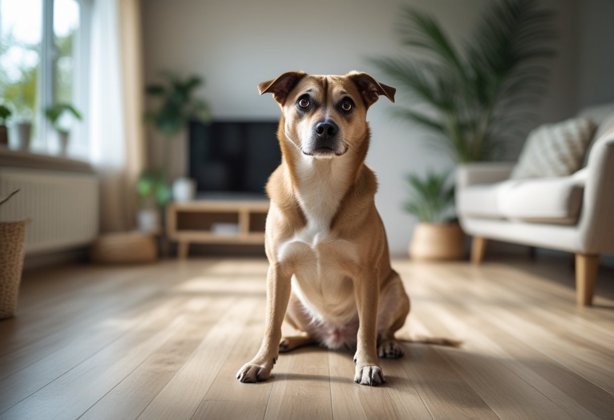 A medium-sized dog sitting on a wooden floor in a living room, looking confused with its head tilted and ears raised.