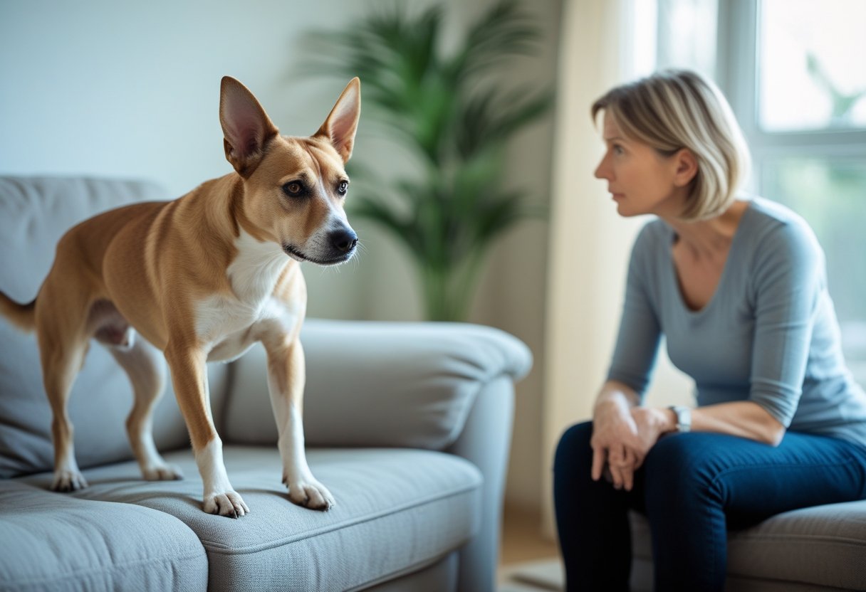 A medium-sized dog looking restless and anxious indoors while a concerned adult watches nearby.