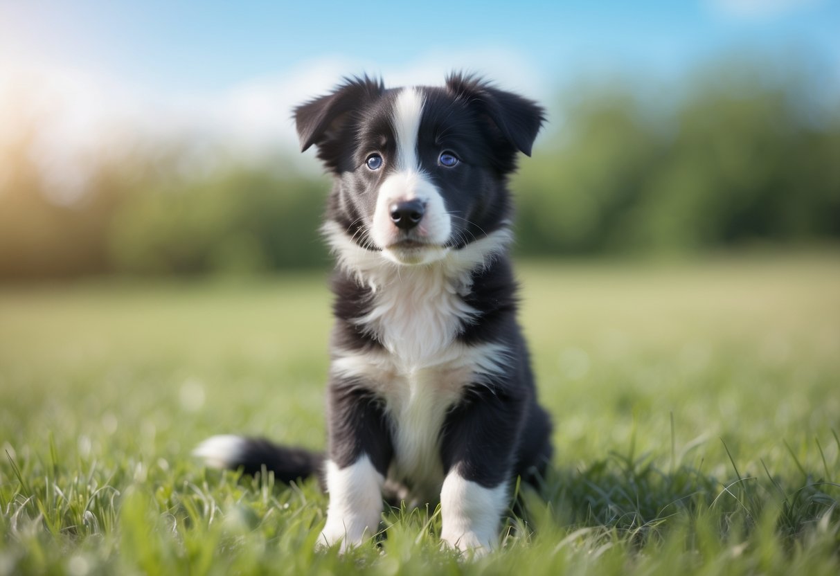 A Border Collie puppy sitting on grass outdoors, looking curious and attentive.