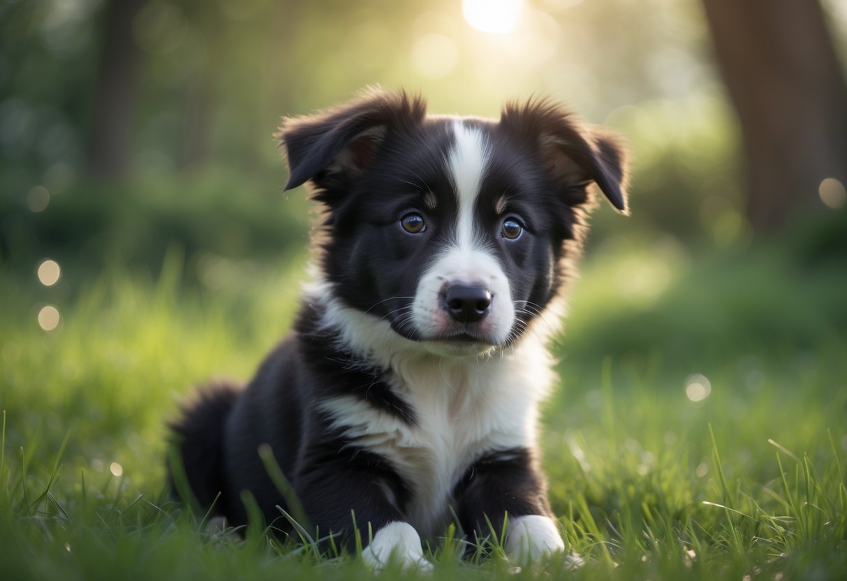 A Border Collie puppy sitting on green grass, looking thoughtfully into the distance with attentive ears.