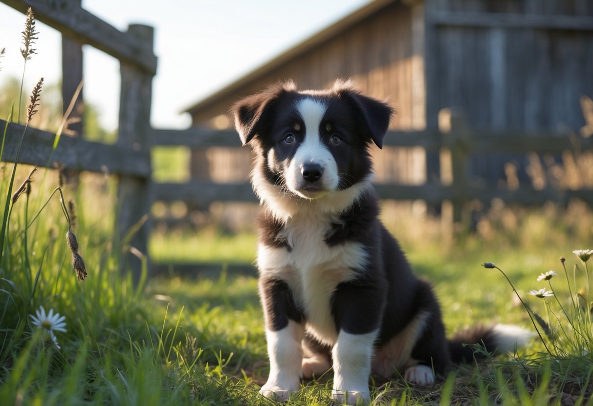 A young black and white Border Collie puppy sitting in tall grass near a wooden fence and barn in the countryside.
