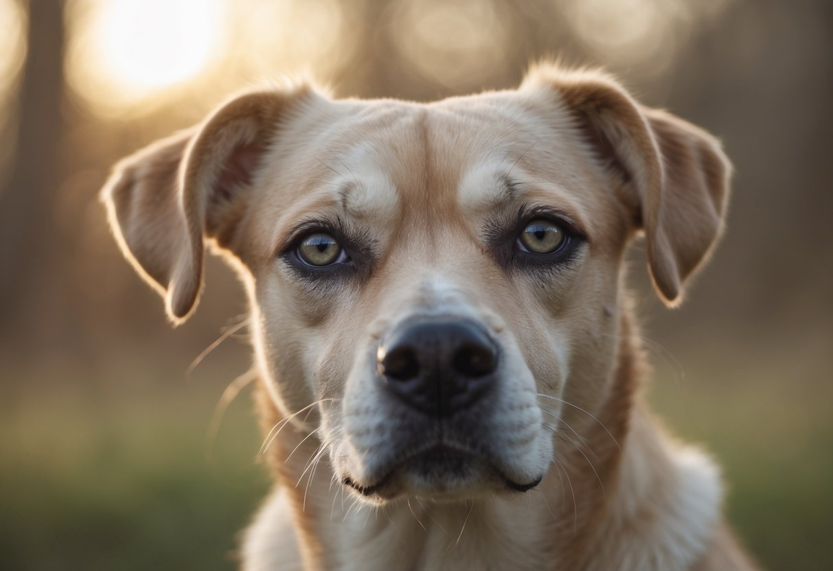 Close-up of a dog with moist eyes sitting calmly against a natural background.