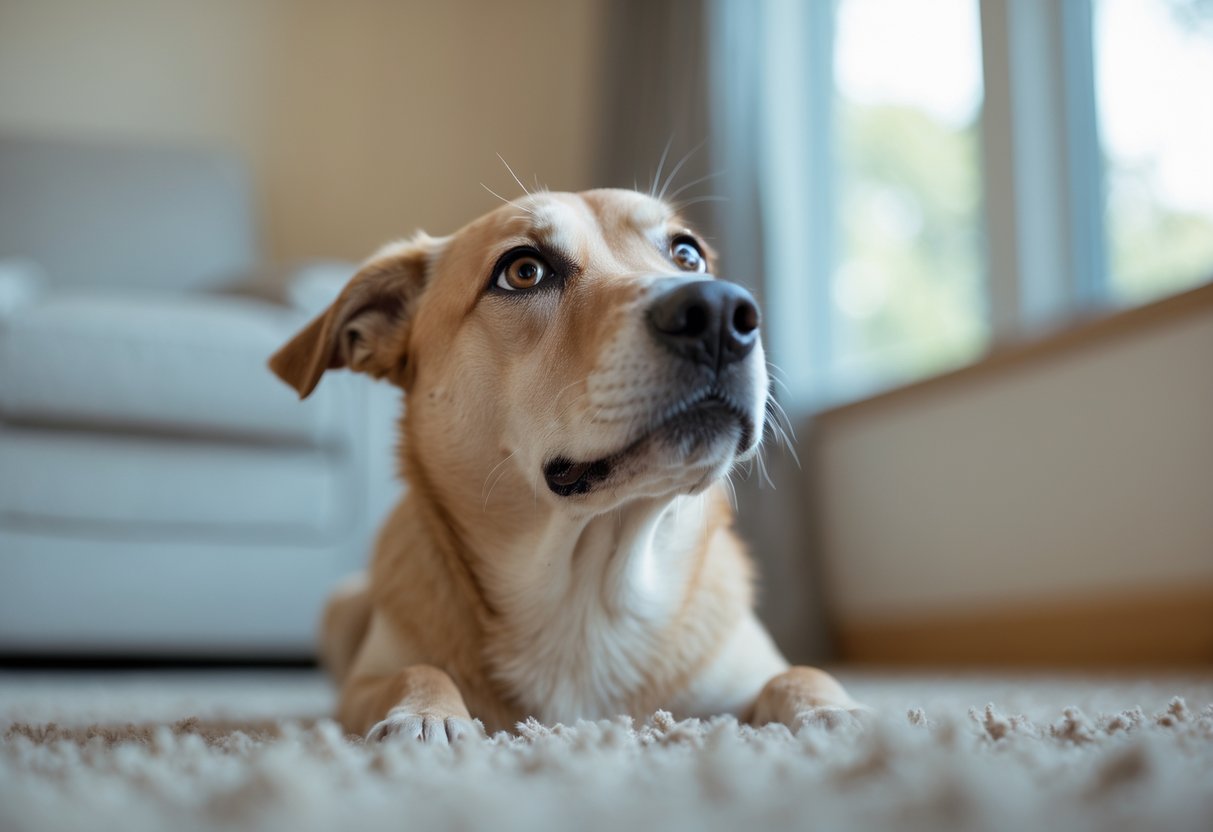 Close-up of a medium-sized dog with expressive eyes looking upwards indoors on a soft carpet.