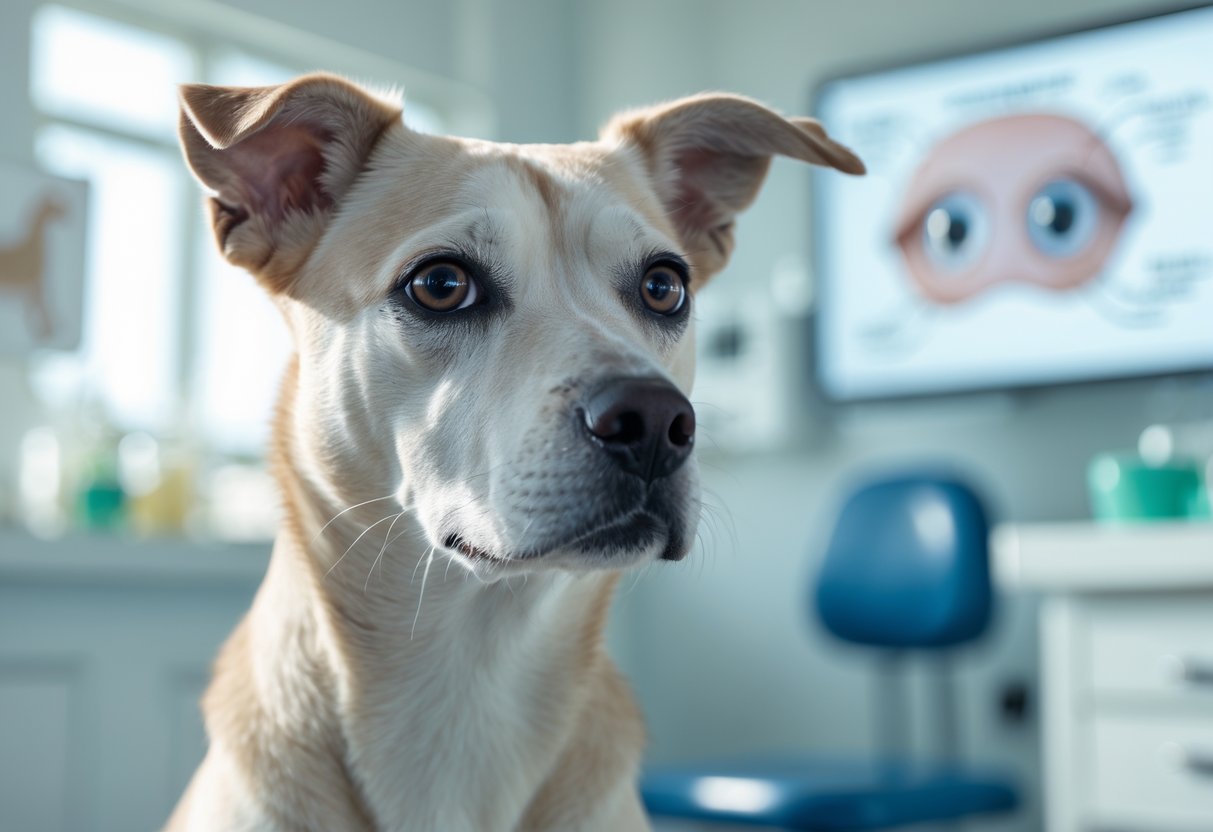 Close-up of a calm dog with clear eyes in a veterinary clinic, with diagrams of a dog's eye visible in the background.