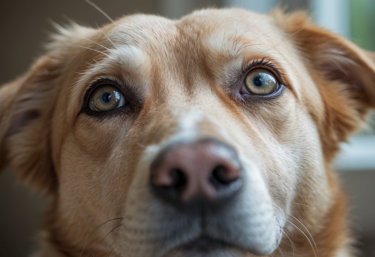 Close-up of a dog’s face showing gentle eyes with visible tears and a calm expression.