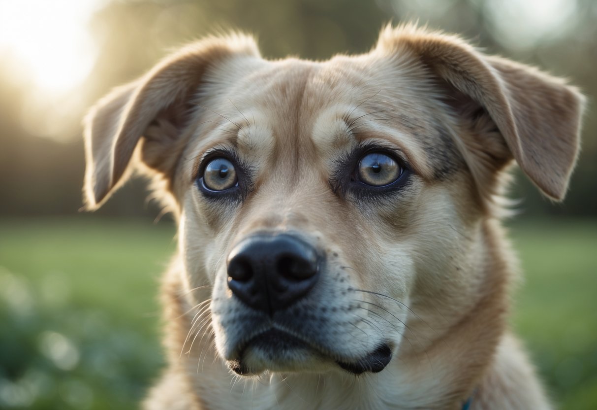Close-up of a dog with teary eyes sitting calmly in a natural outdoor setting.