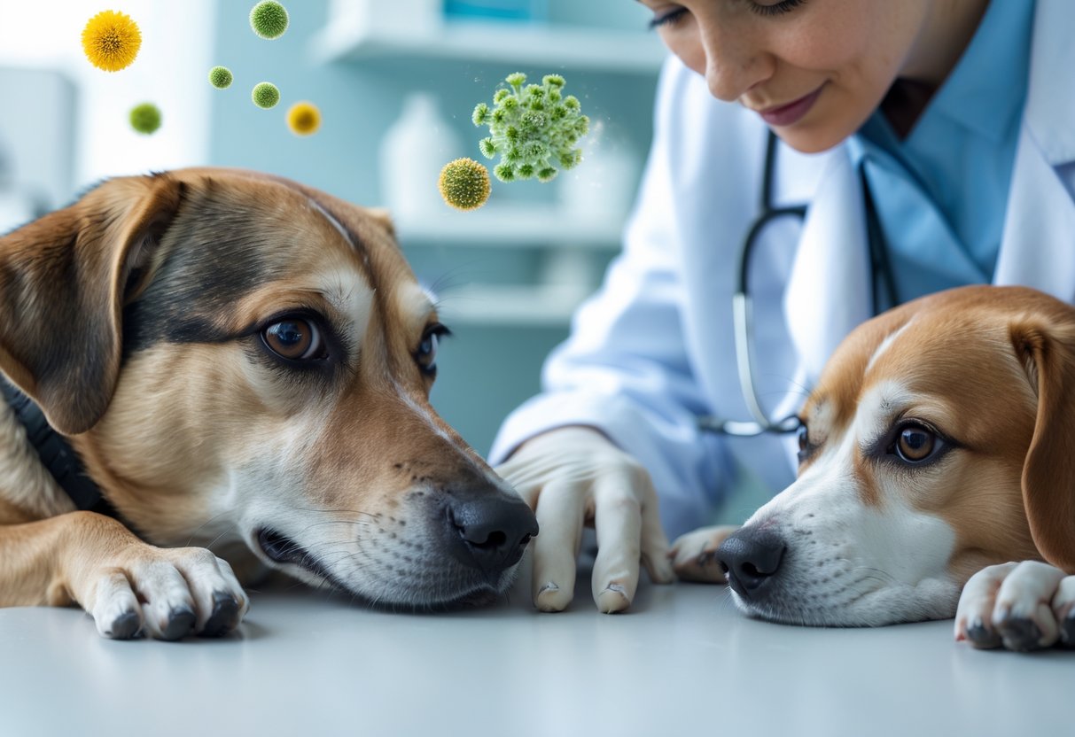 A veterinarian examining a dog's eyes in a clinic with another dog nearby and environmental particles like pollen and dust in the background.
