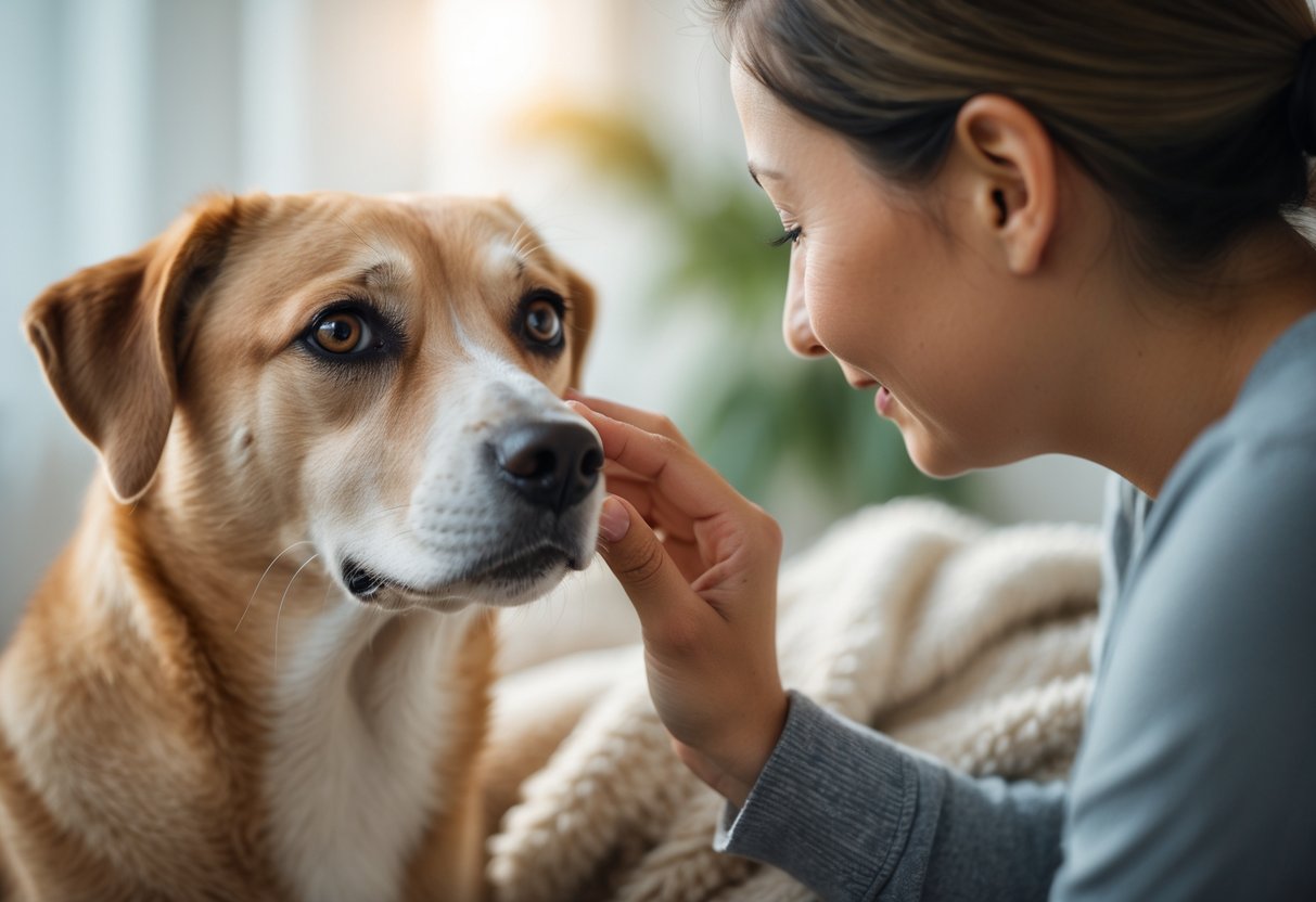 A person gently touching the face near the eyes of a calm dog indoors, showing a caring interaction.