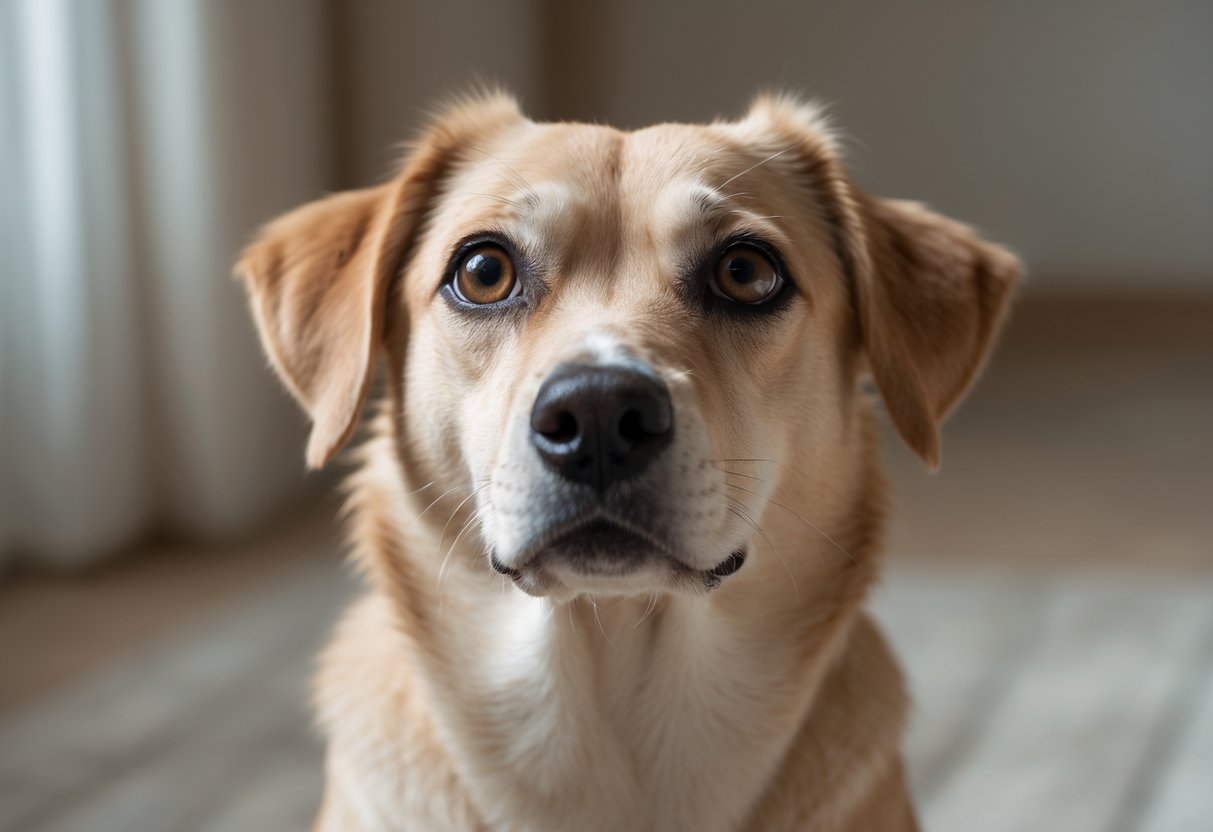 Close-up of a dog with expressive eyes looking upwards indoors.