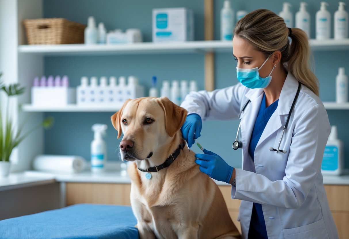 A veterinarian vaccinating a calm dog on an examination table in a veterinary clinic.