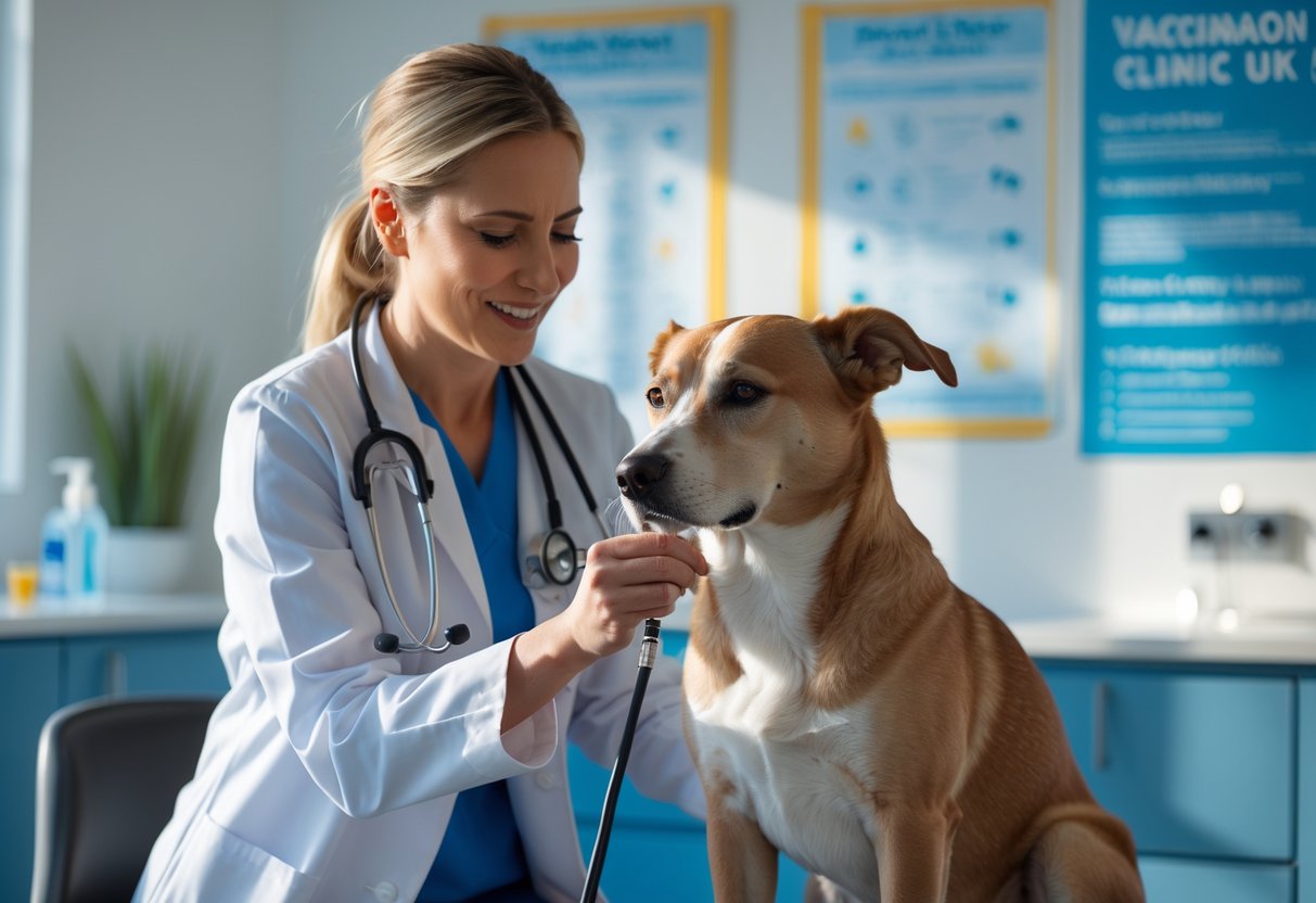 A veterinarian vaccinating a calm dog on an examination table in a veterinary clinic.