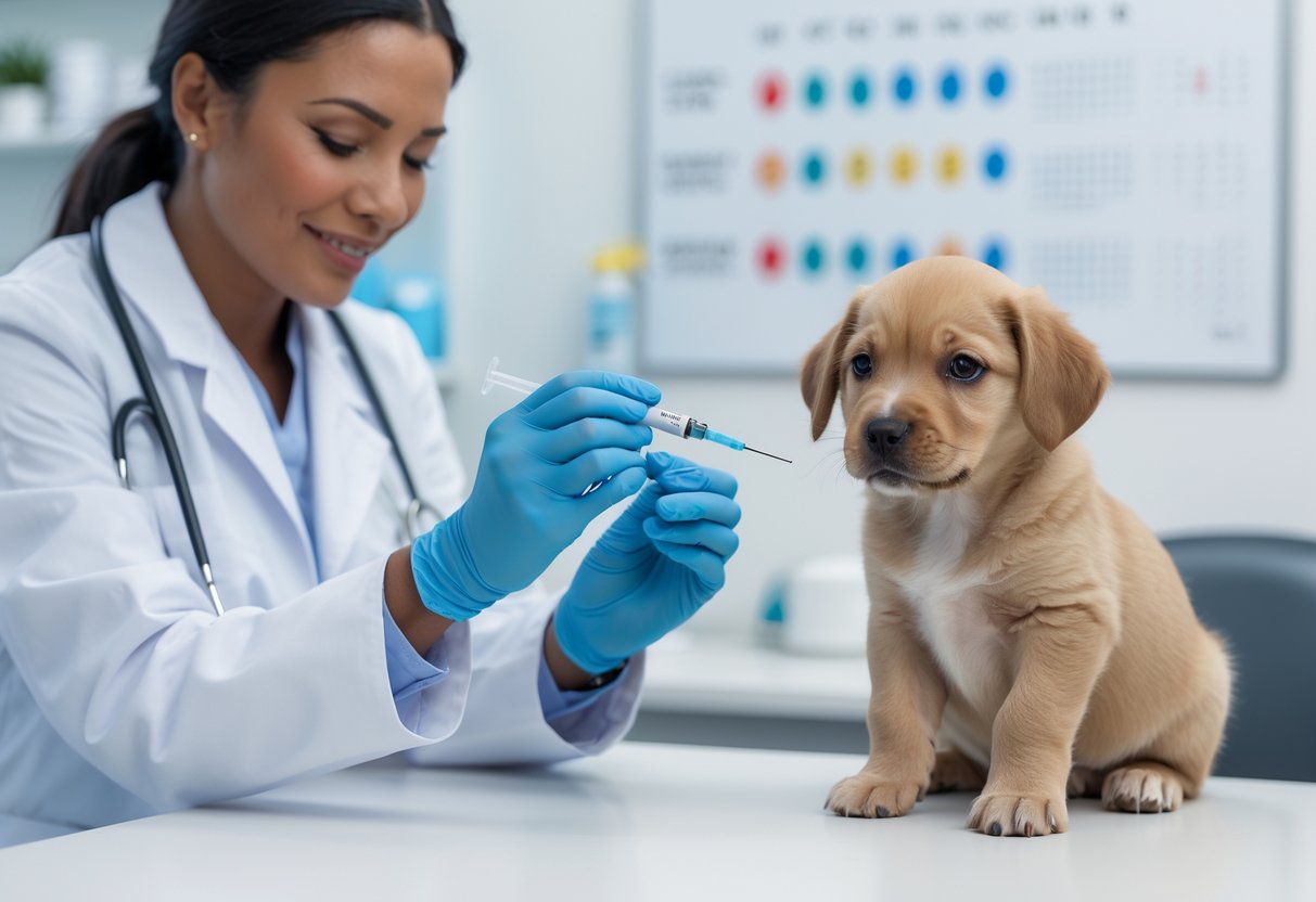 A puppy sitting calmly on a white surface while a veterinarian prepares to give a vaccination in a veterinary clinic with a vaccination schedule chart in the background.