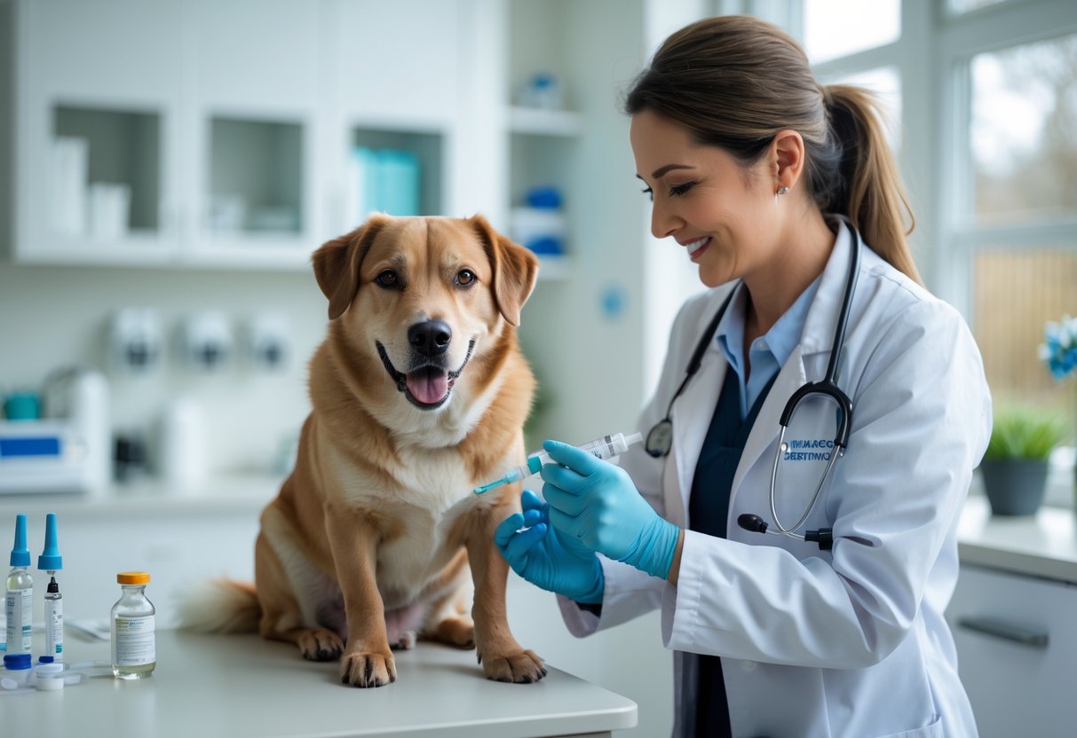 A veterinarian holding a calm dog in a veterinary clinic preparing to give a vaccination.