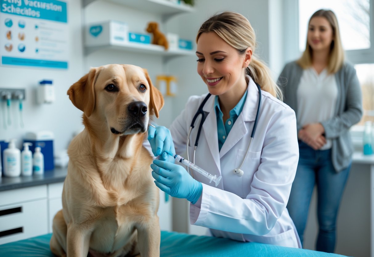 A veterinarian prepares to vaccinate a calm dog on an examination table while the pet owner watches in a bright veterinary clinic.