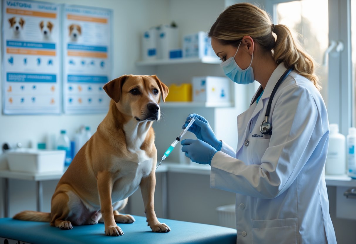 A veterinarian prepares a vaccine for a calm dog sitting on an examination table in a veterinary clinic.