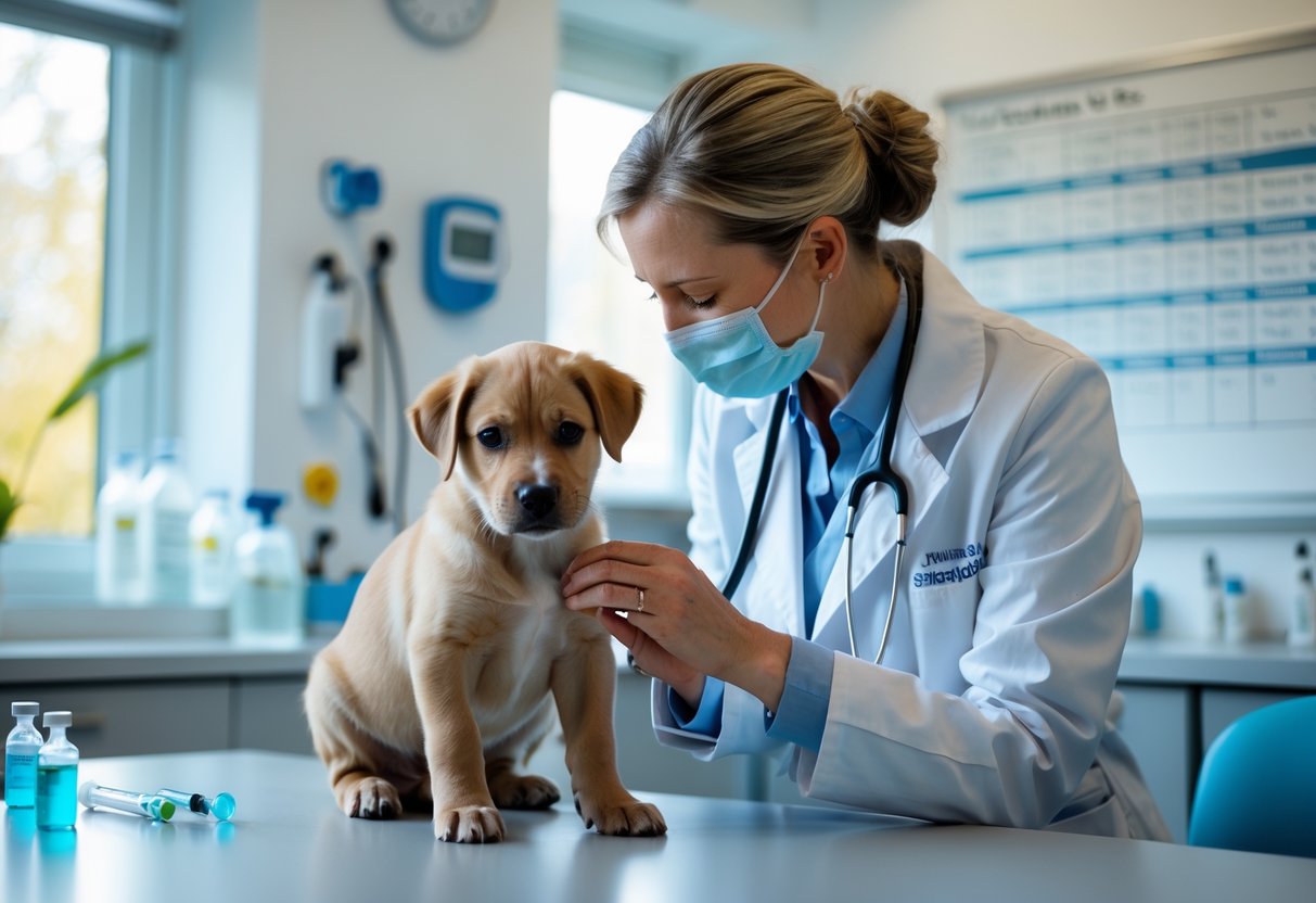 A veterinarian examining a puppy and an adult dog in a veterinary clinic.